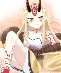 Rule 34 | 1girl, bare shoulders, blonde hair, claws, earrings, fang, fate/grand order, fate (series), female focus, highres, horns, ibaraki douji (fate), japanese clothes, jewelry, kimono, long hair, looking at viewer, off shoulder, oni, oni horns, short kimono, sirazawa0, sitting, smile, solo, yellow eyes, yellow kimono