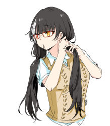 Rule 34 | 1girl, artist name, black hair, blunt bangs, breasts, citron80citron, collared shirt, commentary request, cropped torso, girls&#039; frontline, glasses, hair tie in mouth, heterochromia, highres, holding, holding hair, long hair, looking away, looking to the side, low tied hair, mouth hold, multicolored hair, red-framed eyewear, red eyes, ro635 (girls&#039; frontline), shirt, short sleeves, simple background, solo, streaked hair, sweater vest, twintails, tying hair, upper body, white background, white hair, white shirt, yellow eyes