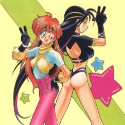 Rule 34 | 1990s (style), 2girls, :p, araizumi rui, armlet, ass, backless outfit, breasts, covered erect nipples, crop top, earrings, female focus, gloves, hand on own hip, headband, highres, hip focus, jewelry, lina inverse, medium breasts, multiple girls, naga the serpent, one eye closed, panties, pants, purple hair, red eyes, red hair, retro artstyle, revealing clothes, sideboob, slayers, star (symbol), thong, tongue, tongue out, underwear, v, wink