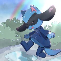 Rule 34 | blue footwear, boots, bush, closed eyes, clothed pokemon, commentary request, creatures (company), day, game freak, gen 4 pokemon, happy, highres, nintendo, no humans, open mouth, outdoors, pokemon, pokemon (creature), pond, rainbow, raincoat, reflection, riolu, smile, tail, takap oekaki