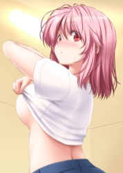 Rule 34 | 1girl, alternate costume, blush, breasts, clothes lift, commentary request, from behind, hair between eyes, highres, indoors, large breasts, lifting own clothes, looking at viewer, looking back, midriff, no headwear, nori tamago, nose blush, parted lips, pink hair, red eyes, saigyouji yuyuko, shirt, shirt lift, short hair, short sleeves, solo, sweat, touhou, upper body, white shirt
