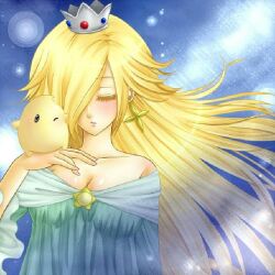 Rule 34 | 1girl, ^ ^, aqua dress, blonde hair, blush, closed eyes, commentary request, cropped shoulders, crown, dress, earrings, emphasis lines, eyelashes, grin, hair over one eye, jewelry, long hair, luma (mario), mario (series), md5 mismatch, nintendo, off-shoulder dress, off shoulder, one eye covered, parted bangs, pink background, resolution mismatch, rosalina, sidelocks, simple background, single earring, smile, solo, source larger, star (symbol), star earrings, super mario galaxy, swept bangs, upper body, yuino (fancy party)