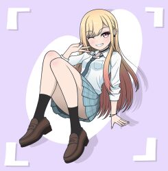 Rule 34 | 1girl, absurdres, aqua skirt, black necktie, black socks, blonde hair, bracelet, brown footwear, commentary, dress shirt, ear piercing, grin, highres, invisible floor, jewelry, kano (nakanotakahiro1029), kitagawa marin, loafers, long hair, long sleeves, looking at viewer, miniskirt, necktie, one eye closed, piercing, plaid, plaid skirt, pleated skirt, purple background, red eyes, shadow, shirt, shoes, sitting, skirt, sleeves rolled up, smile, socks, solo, sono bisque doll wa koi wo suru, v, viewfinder, white shirt, wing collar