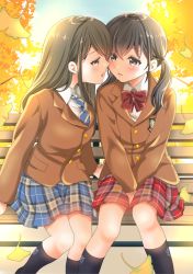 Rule 34 | 2girls, bad id, bad pixiv id, bench, black hair, blush, brown eyes, couple, eye contact, face-to-face, imminent kiss, kneehighs, leaf, long hair, looking at another, multiple girls, original, plaid, plaid skirt, pleated skirt, school uniform, sheepd, sitting, skirt, socks, twintails, yuri