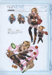 Rule 34 | 10s, 2girls, absurdres, animal print, back-to-back, bag, blonde hair, boots, bracelet, bread, breasts, brown eyes, brown hair, carrot, character name, chibi, cleavage, earrings, fangs, food, full body, fur trim, granblue fantasy, hair ornament, hairclip, handbag, heart, high heel boots, high heels, highres, jewelry, long hair, looking at viewer, midriff, minaba hideo, miniskirt, mother and daughter, multicolored hair, multiple girls, navel, nene (granblue fantasy), non-web source, official art, one eye closed, ponytail, scan, simple background, skirt, smile, thighhighs, tomato, yae (granblue fantasy), zettai ryouiki