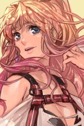 Rule 34 | 1girl, blonde hair, blue eyes, breasts, cleavage, earrings, hungry clicker, jewelry, long hair, macross, macross frontier, portrait, sheryl nome, smile, solo, torn clothes