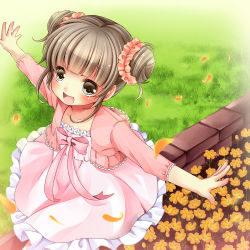Rule 34 | 1girl, :d, bad id, bad pixiv id, bow, brick, child, double bun, dress, flower, frills, grass, hair bun, hair ornament, irori, open mouth, original, outstretched arms, petals, short hair, smile, soil, solo, spread arms