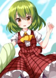 Rule 34 | 1girl, ascot, black pantyhose, center frills, closed umbrella, cloud, cloudy sky, collared shirt, commentary request, cowboy shot, frilled skirt, frills, green hair, happy, highres, holding, holding umbrella, kazami yuuka, looking at viewer, medium hair, one-hour drawing challenge, open mouth, outdoors, pantyhose, plaid, plaid skirt, plaid vest, puffy short sleeves, puffy sleeves, red skirt, red vest, ruu (tksymkw), shirt, short sleeves, skirt, sky, solo, touhou, umbrella, vest, white shirt, yellow ascot, yellow eyes