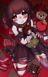 Rule 34 | 1girl, absurdres, black dress, blood, blood from mouth, blood on clothes, blush, bow, brown hair, chocolate, choker, closed mouth, commission, commissioner upload, criss-cross halter, doll, dress, drooling, eating, fallenshadow, female focus, flat chest, frills, grey thighhighs, hair bow, hair ribbon, halterneck, heart, heart-shaped pupils, highres, holding, holding doll, indie virtual youtuber, looking at viewer, nogui34, on floor, pink eyes, pool of blood, ribbon, short hair, sidelocks, single thighhigh, sitting, skeb commission, smile, solo, stuffed animal, stuffed toy, symbol-shaped pupils, teddy bear, thighhighs, virtual youtuber