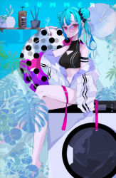 Rule 34 | 1girl, absurdres, bare shoulders, barefoot, belt, black shirt, bottle, breasts, cleavage, cleavage cutout, clock, clothing cutout, commentary request, crop top, double bun, earrings, english text, fingernails, goma irasuto, green hair, hair bun, hair ornament, halterneck, highres, holding, holding swim ring, hoop earrings, innertube, jacket, jewelry, leaf, long fingernails, long hair, looking at viewer, medium breasts, midriff, nail polish, navel, open clothes, open jacket, original, parted lips, pink belt, pink nails, plant, red eyes, shelf, shirt, sidelocks, sitting, solo, summer, sunglasses, swim ring, thigh strap, washing machine, white jacket