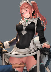 Rule 34 | 1boy, 1girl, apron, blue eyes, blush, breasts, breasts apart, censored, clothes lift, dress, dress lift, felicia (fire emblem), female pubic hair, fingering, fingerless gloves, fire emblem, fire emblem fates, gloves, hetero, lasterk, long hair, maid, maid apron, maid headdress, medium breasts, mosaic censoring, nintendo, no panties, one eye closed, pink hair, ponytail, pubic hair, pussy, pussy juice, solo focus, standing, thighhighs