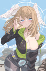 Rule 34 | 1girl, black bodysuit, blonde hair, blue pupils, bodysuit, breast tattoo, breasts, cleavage, commentary, english commentary, eunie (xenoblade), green hoodie, head wings, highres, hood, hoodie, jacket, large breasts, leather, leather jacket, looking at viewer, revvie, smile, tattoo, white wings, wings, xenoblade chronicles (series), xenoblade chronicles 3