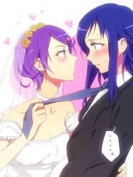 Rule 34 | ..., 2girls, bad id, blue hair, blush, bridal veil, bride, couple, dokidoki! precure, dress, embarrassed, eye contact, face-to-face, formal, groom, happy, heart, heart background, hishikawa rikka, imminent kiss, kenzaki makoto, long hair, looking at another, multiple girls, necktie, necktie grab, neckwear grab, negom, pant suit, pants, precure, profile, purple hair, short hair, smile, suit, veil, wedding dress, wife and wife, yuri
