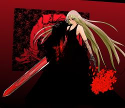 Rule 34 | 1girl, black dress, blonde hair, dress, embodiment of scarlet devil, ex-rumia, female focus, flower, highres, long hair, nyago, aged up, red eyes, rumia, solo, sword, touhou, weapon