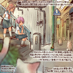 Rule 34 | 10s, 2girls, alternate costume, animal, arms behind back, bag, banister, blue eyes, blue neckerchief, blush, brown hair, cat, dated, drainpipe, hair ornament, hair ribbon, kagerou (kancolle), kantai collection, kirisawa juuzou, lamppost, loafers, looking at another, multiple girls, neckerchief, numbered, outdoors, parted lips, pink hair, pleated skirt, ponytail, red neckerchief, ribbon, road sign, school bag, school uniform, serafuku, shiranui (kancolle), shoes, short sleeves, sign, sitting, skirt, stairs, text focus, translation request, twintails, twitter username, yellow ribbon