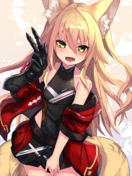 Rule 34 | 1girl, :d, animal ear fluff, animal ears, bare shoulders, black gloves, black leotard, blonde hair, blush, breasts, collarbone, commentary request, elbow gloves, fangs, fox ears, fox girl, fox tail, gloves, green eyes, hair between eyes, highres, jacket, kitsune, kokonoe tsubaki, leotard, long hair, looking at viewer, multiple tails, off shoulder, open clothes, open jacket, open mouth, original, red jacket, red skirt, single glove, skirt, small breasts, smile, solo, tail, two side up, v, v-shaped eyebrows, very long hair, yoshizawa tsubaki