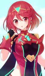 Rule 34 | 1girl, black gloves, bob cut, breasts, chest jewel, earrings, fingerless gloves, gem, gloves, headpiece, jewelry, large breasts, pyra (xenoblade), red eyes, red hair, short hair, solo, suta (clusta), swept bangs, tiara, xenoblade chronicles (series), xenoblade chronicles 2