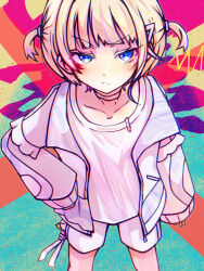 Rule 34 | 1girl, blonde hair, choker, from above, hand in pocket, hololive, hololive dev is, jacket, purple eyes, qwq oekaki, shirt, short twintails, shorts, todoroki hajime, twintails, virtual youtuber, white shirt, white shorts