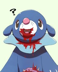 Rule 34 | ?, black eyes, blood, blood from mouth, blood on face, boke-chan, bone, creatures (company), eating, food, game freak, gen 7 pokemon, green background, happy, looking up, meat, nintendo, open mouth, pokemon, pokemon (creature), popplio, simple background, smile, upper body