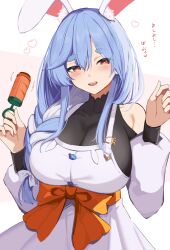 Rule 34 | 1girl, animal ear fluff, animal ears, black bodysuit, blue hair, bodysuit, bow, braid, braided ponytail, breasts, cleavage, detached sleeves, dress, hair bow, hair over shoulder, highres, holding, holding rattle, hololive, large breasts, looking at viewer, mature female, multicolored hair, orange eyes, pekomama, rabbit ears, rabbit girl, rattle, short eyebrows, sleeveless, sleeveless dress, teeth, two-tone hair, upper teeth only, virtual youtuber, wabimochi, white background, white bow, white dress, white hair, white sleeves