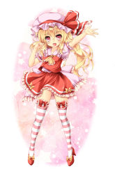 Rule 34 | 1girl, ascot, blonde hair, bow, fang, flandre scarlet, footwear bow, full body, hair between eyes, hat, hat ribbon, high heels, highres, kamiya tomoe, long hair, looking at viewer, mob cap, no panties, open mouth, outstretched arm, puffy short sleeves, puffy sleeves, red bow, red eyes, red footwear, red ribbon, red skirt, ribbon, shoes, short sleeves, side ponytail, skirt, skirt set, solo, standing, striped clothes, striped thighhighs, thighhighs, touhou, vest, yellow bow