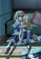 Rule 34 | 2girls, alice margatroid, blonde hair, blue eyes, couch, creepy, curtains, doll, empty eyes, female focus, frilled pillow, frills, hairband, hat, hug, kirisame marisa, mary janes, moonlight, multiple girls, pillow, ribbon, rug, shanghai doll, shoes, short hair, sunlight, takatsukasa yue, touhou, unconscious, witch, witch hat, yandere, yuri, | |