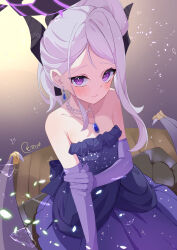 Rule 34 | 1girl, absurdres, bead necklace, beads, blue archive, blush, breasts, demon girl, demon horns, demon wings, dress, earrings, elbow gloves, gloves, grey hair, highres, hina (blue archive), hina (dress) (blue archive), horns, jewelry, looking at viewer, necklace, official alternate costume, purple dress, purple eyes, purple gloves, reitou mkn, single earring, small breasts, solo, wings