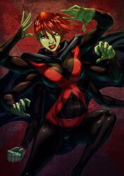 Rule 34 | 1girl, alien, cape, colored skin, dc comics, emmshin, extra arms, green skin, miss martian, red hair, short hair, solo, superhero costume, young justice