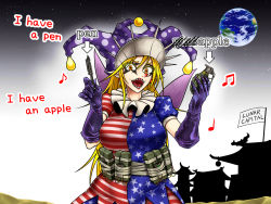Rule 34 | 1girl, aged up, american flag, american flag legwear, american flag shirt, architecture, arrow (symbol), blonde hair, bomb, breasts, c-4, c4, clownpiece, commentary request, cowboy shot, earrings, earth (planet), east asian architecture, eighth note, english text, explosive, eyes visible through hair, fairy wings, flag, fragmentation grenade, gloves, grenade, hair between eyes, hand grenade, hat, jester cap, jewelry, large breasts, long hair, looking at viewer, makeup, mk 2 grenade, music, musical note, neck ruff, open mouth, orange eyes, pen-pineapple-apple-pen, planet, pointy ears, polka dot, polka dot headwear, puffy short sleeves, puffy sleeves, purple gloves, purple hat, ryuuichi (f dragon), sharp teeth, short sleeves, singing, sky, solo, standing, star-shaped pupils, star (sky), star (symbol), star print, starry sky, suicide bomb, symbol-shaped pupils, teeth, terrorism, touhou, wings