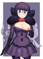Rule 34 | 1girl, blunt bangs, blush, bob cut, breasts, chandelure, closed mouth, clothes pull, commentary request, creatures (company), drifblim, eyelashes, game freak, gen 4 pokemon, gen 5 pokemon, glasses, gloves, heart, highres, ichigai (hayawossan), looking at viewer, nintendo, nipples, no bra, one breast out, pantyhose, pleated skirt, pokemon, pokemon (creature), pokemon bw, pulled by self, purple eyes, purple hair, purple skirt, shauntal (pokemon), shirt pull, short hair, skirt, smile
