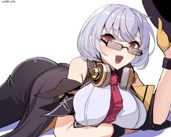 1girl absurdres arm_under_breasts ass blush breasts commentary_request girls&#039;_frontline glasses gloves grey_hair hat headphones headphones_around_neck highres jacket large_breasts looking_at_viewer lying necktie on_stomach open_mouth partial_commentary red_eyes shirt short_hair smile solo sunglasses thompson_(girls&#039;_frontline) weapon yanagui_yugi