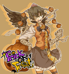 Rule 34 | 1girl, bad id, bad pixiv id, bandages, black hair, brown background, brown eyes, female focus, gettewi, gettydaze, grin, halloween, jack-o&#039;-lantern, looking at viewer, open mouth, pointy ears, pumpkin, shameimaru aya, short hair, smile, solo, striped clothes, striped thighhighs, thighhighs, touhou, trick or treat, wings