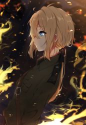 Rule 34 | 10s, 1girl, bad id, bad pixiv id, black ribbon, blonde hair, blue eyes, breasts, closed mouth, fire, from side, hair between eyes, hair ribbon, highres, icehotmilktea, long hair, long sleeves, looking to the side, low ponytail, military, military uniform, profile, ribbon, sidelocks, soldier, solo, standing, uniform, upper body, violet evergarden, violet evergarden (series)