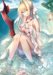 Rule 34 | 1girl, :&gt;, aestus estus, barefoot, beach, bikini, blonde hair, blue sky, braid, breasts, cleavage, closed mouth, cloud, cloudy sky, collarbone, criss-cross halter, day, dress, fate/grand order, fate (series), fisheye, frills, green eyes, hair between eyes, hair intakes, halterneck, highres, knees together feet apart, knees up, large breasts, long hair, looking at viewer, miakiuehashi, nero claudius (fate), nero claudius (fate) (all), nero claudius (swimsuit caster) (fate), nero claudius (swimsuit caster) (third ascension) (fate), ocean, outdoors, palm tree, partially submerged, planted, planted sword, planted weapon, red bikini, see-through, sidelocks, sitting, sky, smile, solo, striped bikini, striped clothes, swimsuit, sword, tree, tsurime, twintails, weapon, white bikini, white dress