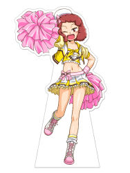 Rule 34 | 1girl, ;d, ankle boots, beret, boots, bow, bow skirt, cheerleader, clothes writing, coco&#039;s, commentary, cross-laced footwear, curly hair, frilled skirt, frills, full body, girls und panzer, hand on own hip, hat, hat bow, holding, holding pom poms, jacket, lace-up boots, logo, looking at viewer, loose socks, midriff, miniskirt, one eye closed, oosaka kanagawa, open mouth, pink bow, pleated skirt, pom pom (cheerleading), pom poms, red eyes, red hair, rum (girls und panzer), shirt, short hair, short sleeves, simple background, skirt, smile, socks, solo, standing, standing on one leg, white background, white footwear, white hat, white skirt, white socks, wristband, yellow jacket, yellow shirt