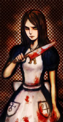 Rule 34 | 1girl, alice: madness returns, alice (alice in wonderland), alice in wonderland, alice liddell (american mcgee&#039;s alice), american mcgee&#039;s alice, american mcgee's alice, black hair, blood, dress, female focus, gradient background, green eyes, jewelry, knife, long hair, mononimo24, necklace, solo