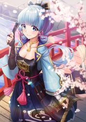 Rule 34 | 1girl, armor, ayaka (genshin impact), blue eyes, blunt bangs, blush, breastplate, breasts, bridge, cherry blossoms, cleavage, genshin impact, hair ornament, hair ribbon, hand fan, highres, holding, holding fan, japanese clothes, long hair, looking at viewer, medium breasts, mole, mole under eye, outdoors, ponytail, resolution mismatch, ribbon, sidelocks, smile, solo, sora (men0105), source larger