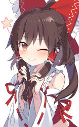 Rule 34 | 1girl, blush, bow, brown eyes, brown hair, closed mouth, detached sleeves, e.o., hair tubes, hakurei reimu, highres, holding, holding hair, looking at viewer, one eye closed, ponytail, smile, solo, touhou, wink