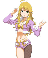 Rule 34 | 1girl, a1 (initial-g), ahoge, asymmetrical clothes, belly chain, blonde hair, bra, breasts, cleavage, cropped jacket, fishnet pantyhose, fishnets, green eyes, hoshii miki, idolmaster, idolmaster (classic), jacket, jewelry, lingerie, long hair, midriff, navel, open mouth, pantyhose, short shorts, shorts, simple background, single leg pantyhose, solo, underwear, white background, yellow bra