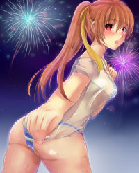 Rule 34 | 1girl, ass, bikini, blush, breasts, brown hair, dead or alive, fireworks, gradient background, hair ribbon, jewelry, kasumi (doa), long hair, looking at viewer, necklace, niwatori (eck16614), o-ring, o-ring bottom, o-ring top, off-shoulder shirt, off shoulder, ponytail, red eyes, ribbon, see-through, shiny skin, shirt, sky, solo, striped bikini, striped clothes, swimsuit, wet, wet clothes, wet shirt