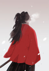 Rule 34 | 1boy, amore1989, arms at sides, bad id, bad pixiv id, black hair, black hakama, breath, coat, cowboy shot, earrings, facial mark, facing up, from behind, gradient background, hakama, haori, japanese clothes, jewelry, kimetsu no yaiba, long hair, long sleeves, male focus, parted lips, ponytail, red coat, sleeves past fingers, sleeves past wrists, snowing, solo, standing, sword, tsugikuni yoriichi, weapon, wide sleeves