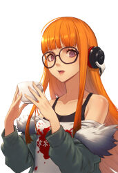 Rule 34 | 1girl, armpit crease, black-framed eyewear, blunt bangs, collarbone, commentary, cup, eyelashes, fur-trimmed jacket, fur trim, glasses, green jacket, headphones, highres, holding, holding cup, jacket, long hair, off-shoulder shirt, off shoulder, open clothes, open jacket, open mouth, orange hair, persona, persona 5, print shirt, purple eyes, relayrl, sakura futaba, shirt, simple background, solo, teacup, teeth, upper body, white background, white shirt