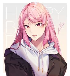 Rule 34 | 15pafe, 1boy, black jacket, commentary request, drawstring, happy birthday, heart, hood, hood down, hoodie, ichigoha fue, jacket, long hair, looking at viewer, male focus, momoirone, off shoulder, open clothes, open jacket, parted lips, pink hair, red eyes, smile, solo, text background, virtual youtuber, white hoodie