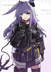 Rule 34 | 1girl, akanbe, animal ears, arknights, black footwear, black gloves, black jacket, boots, commentary, eyelid pull, finger to eye, gloves, gradient background, grey eyes, hookshot, jacket, long hair, pouch, purple background, purple hair, rabbit ears, rabbit girl, rope (arknights), simple background, skirt, solo, sun showdmp, thigh boots, thigh pouch, tongue, tongue out, white background, white skirt