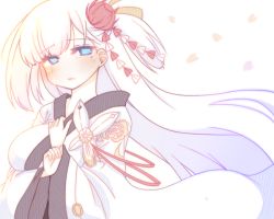Rule 34 | 1girl, azur lane, blue eyes, blush, crying, crying with eyes open, hair ornament, japanese clothes, kimono, long hair, long sleeves, looking at viewer, mole, mole under eye, one side up, parted lips, petals, sakurato ototo shizuku, shoukaku (azur lane), simple background, solo, tears, very long hair, white background, white hair, white kimono, wide sleeves