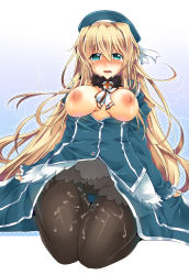Rule 34 | 10s, 1girl, atago (kancolle), blonde hair, blush, breasts, cum, cum on body, cum on clothes, cum on lower body, green eyes, hat, highres, kantai collection, kneeling, large breasts, long hair, looking at viewer, military, military uniform, nipples, open mouth, panties, pantyhose, personification, sesield, solo, thigh gap, underwear, uniform