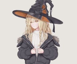 Rule 34 | 1girl, alternate costume, beige background, black jacket, blonde hair, braid, buckle, closed mouth, commentary request, contemporary, expressionless, fur-trimmed jacket, fur trim, grey background, hat, highres, jacket, kirisame marisa, long hair, long sleeves, looking to the side, open clothes, open jacket, ribbed sweater, side braid, simple background, single braid, snap-fit buckle, solo, sweater, torinari (dtvisu), touhou, unzipped, upper body, white sweater, witch hat, yellow eyes, zipper