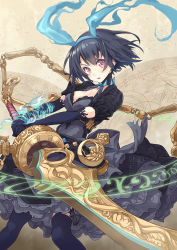 Rule 34 | 1girl, alice (sinoalice), black gloves, black hair, black thighhighs, blush, breasts, cleavage, elbow gloves, gloves, hairband, highres, hinoki yuu, holding, holding sword, holding weapon, large breasts, looking at viewer, parted lips, red eyes, short hair, sinoalice, solo, sword, thighhighs, weapon