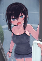 1boy 1girl black_hair blue_eyes blush breasts camisole cleavage commentary_request covered_erect_nipples covered_navel highres large_breasts looking_at_viewer mole mole_on_neck mole_on_thigh mole_under_eye null_(nyanpyoun) open_mouth oppai_loli original pov pov_hands rain short_shorts shorts solo_focus thigh_gap wet wet_clothes wet_hair