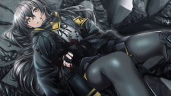 Rule 34 | 1boy, android, bad id, bad pixiv id, black jacket, black pantyhose, black skirt, blood, blood from mouth, blood on clothes, brown eyes, fingerless gloves, girls&#039; frontline, gloves, grey hair, grin, hair between eyes, highres, hood, hood down, injury, jacket, long hair, long sleeves, male focus, open clothes, open jacket, pantyhose, redlammy, scar, scar across eye, scar on face, shirt, skirt, smile, solo, ump45 (girls&#039; frontline), white shirt